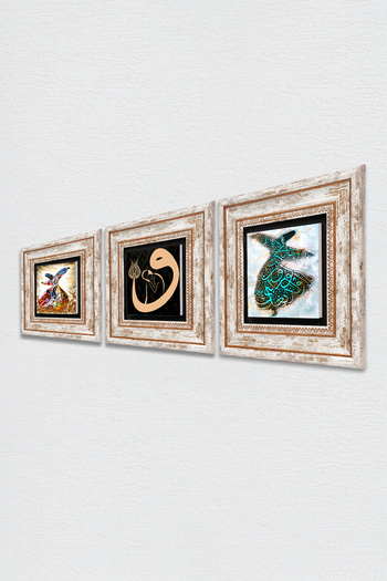 Pinecone Vav, Whirling Dervish Wall Painting Framed Stone Wall Decor 3 Piece Painting Set Wall Art Tk3-225