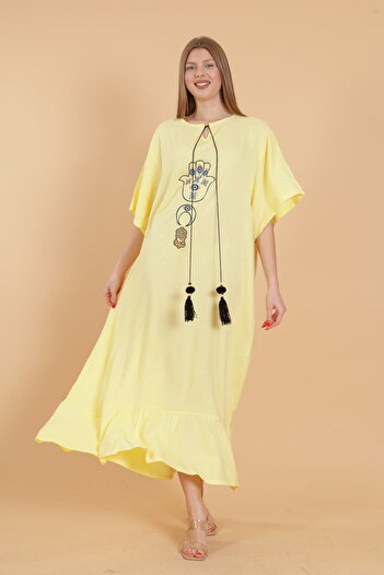 mervemoda Women's Yellow Embroidery Detail Large Size Short Sleeve Woven Dress