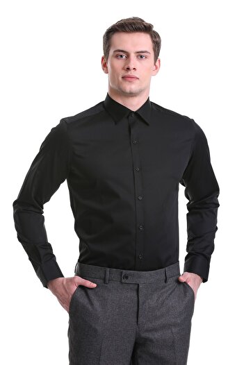 Hatemoğlu Μαύρο Slim Fit Απλό 100% βαμβακερό μακρυμάνικο πουκάμισο με λεπτή λαιμόκοψη