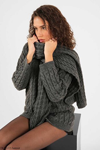 Laluvia Anthracite Braided Shawl Knitwear Sweater