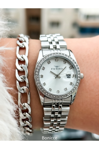 FERRO Brand, Small Case, Steel Cord, Silver Color, Women's Calendar Wristwatch Bracelet