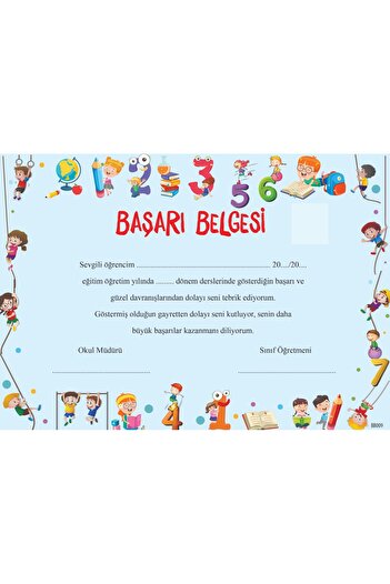 Bilgin Çocuk Yayınları Anaokulu-İlkokul Başarı Belgesi 1. Hamur Kalın Gramajlı Karton (5 Adet)BB009(Tek Yön/Renkli Baskı )