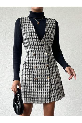Smart Moda Rochie din tweed fără mâneci cu decolteu în V cu detaliu cu nasturi EL9393