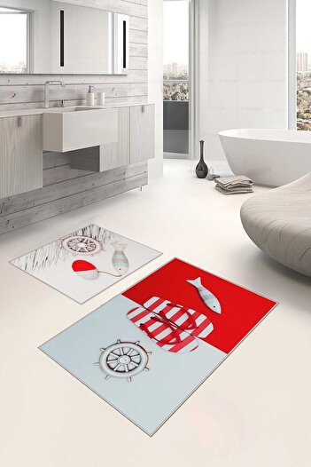 Homefesto Decorative Modern Design Non-Slip Base Double Set Bath Mat & Toilet Seat Set-2 Pieces