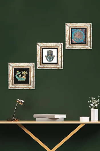 Pinecone Flower of Life, Shahmeran, Fatma Mother Hand (Hamsa) Stone Wall Painting Framed Wall Decor Set of 3 Paintings