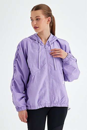 GRAB Women's Purple Zippered and Hooded Crop Windbreaker Coat