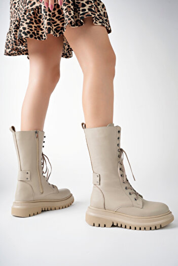 Deripabuc Genuine Leather Beige Women's Serrated Sole Leather Boots Trc-216577
