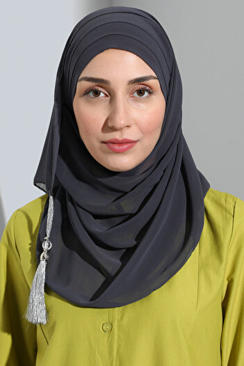 Vera Bonnet Ready Turban Practical Stylish Scarf Hürrem Chiffon Tasseled Anthracite Gray Wrapped Shawl Hijab Bonnet