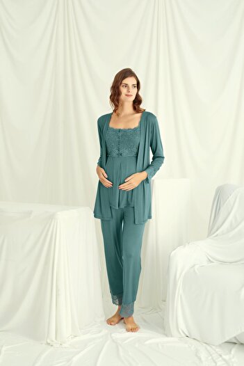 MONAMİSE Monamise Women's Lace Front Buttoned Maternity 3-Piece Pajama Set 18535