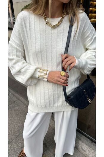 My Blog Women's Bone Boat Neck Ribbed Oversize Sweater