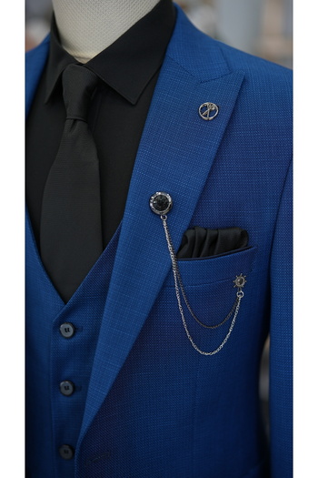 LONATOLİA Costum slim fit pentru bărbați - croială italiană, guler coadă de rândunică, jachetă Dobby și pantaloni vestă-albastru