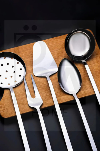 ÖzSa Home 5 Pieces 18/10 Stainless Steel 304 Quality Presentation Serving Set Ladle Colander Spoon Spatula Fork Set