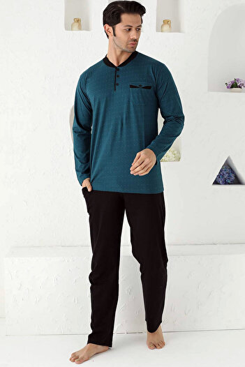 ALİMER Men's Petrol O-Neck Placket Buttoned Long Sleeve Polka Dot Lycra Pocket Oversize Pajamas Suit EDY1190UKB-P