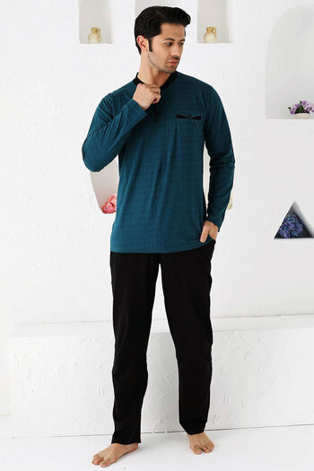 ALİMER Men's Petrol O-Neck Placket Buttoned Long Sleeve Polka Dot Lycra Pocket Oversize Pajamas Suit EDY1190UKB-P
