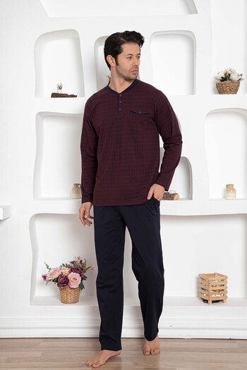 ALİMER Men's Claret Red O-Neck Placket Buttoned Long Sleeve Polka Dot Lycra Pocket Oversize Pajamas Set EDY1190UKB-B