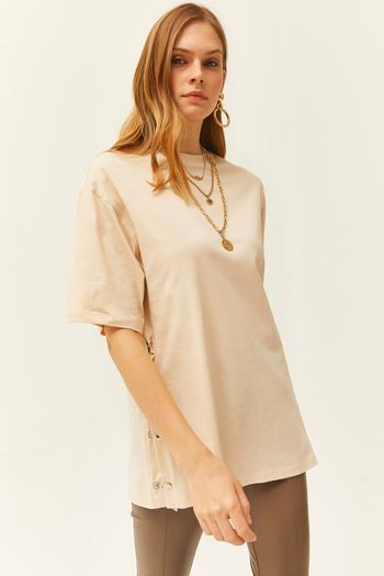Olalook Women's Beige Buttoned Side Cotton T-Shirt TSH-19000762