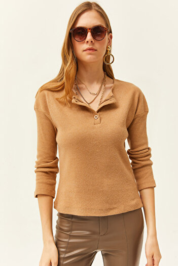 Olalook Women's Camel Buttoned Raised Loose Pullover KZK-19000721