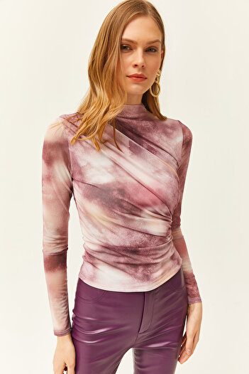 Olalook Γυναικεία Dusty Rose Drape Μπλούζα από Τούλι με μπροστινή γραμμή BLZ-19002469