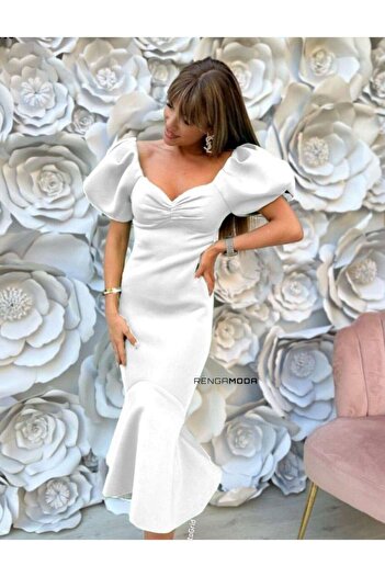 rengamoda Rochie de mireasă de absolvire, albă, slim fit, cu mâneci pepene verde, stofă scafandru cu voluri
