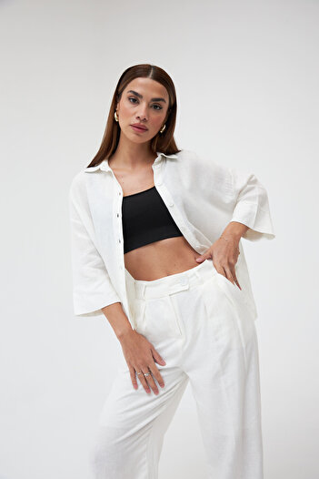 Laluvia Ecru Linen Shirt-Pants Double Set