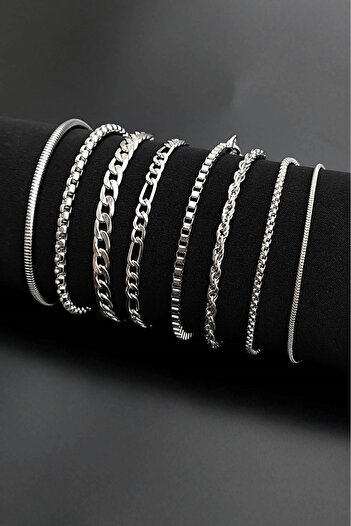 The Collection 8-Piece Chain Silver Color Men's Bracelet Set (SILVER COLOR BRACELET SET)