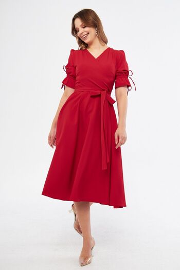 Bidoluelbise Red Double Breasted Collar Gathered Short Sleeve Sleeves Elastic Belted Midi Length Dress