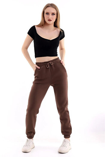 ESPİNA Women's Drawstring Waist and Elastic Leg Three Thread Fleece Knitted Sweatpants Jogger Brown