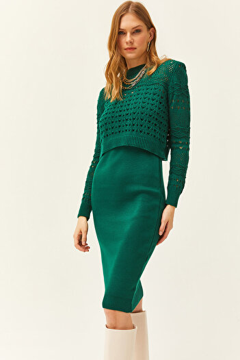 Olalook Women's Emerald Green Thin Strap Knitwear Dress Slotted Sweatshirt Suit TKM-19000241