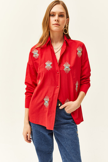 Olalook Woman's Red Sequin Detailed Woven Boyfriend Shirt GML-19000992