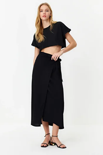 Trendyol Collection Black Tied Viscose Woven Skirt TWOSS24ET00006
