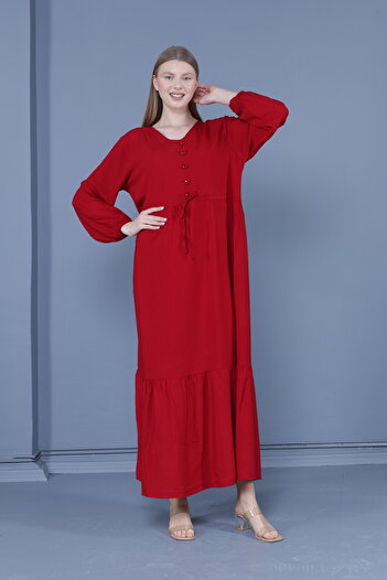 mervemoda Women's Burgundy plus size v-neck long-sleeved woven dress