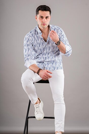 BİCAN Bican Друкована смугаста комір з ґудзиками Slimfit чоловіча сорочка