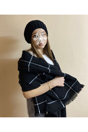 sema aksesuar Black and White Striped Shawl Scarf and Pompom Knitted Beanie Set of 2 - Valentine's Day Gift