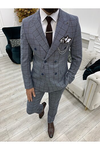 LONATOLİA Costum pentru bărbați în carouri la două piepte, cu croiala italiană, jachetă slim fit, pantaloni-albastru gheață