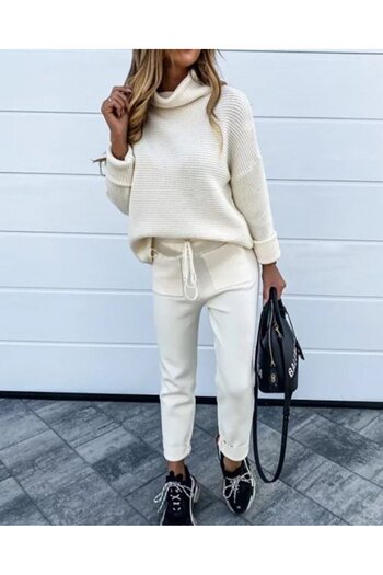 JANES Women's Long Sleeve Turtleneck Knitwear Sweater Double Leg Pocket and Lace Detailed Knitwear Pants