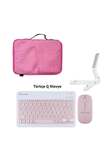 Microcase Acer Iconia Tab P10 10.4'' Tablet Çanta + Türkçe Bluetooth Klavye+Mouse+Tablet Standı - Pembe AL8127