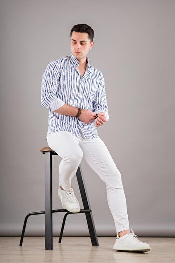 BİCAN Bican Друкована смугаста комір з ґудзиками Slimfit чоловіча сорочка