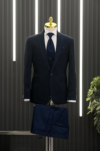 AKÇAYLAR Slimfit Dobby Pointed Collar (Fixed Collar) Vest and Flaring Tuxedo Suit