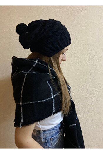 sema aksesuar Black and White Striped Shawl Scarf and Pompom Knitted Beanie Set of 2 - Valentine's Day Gift