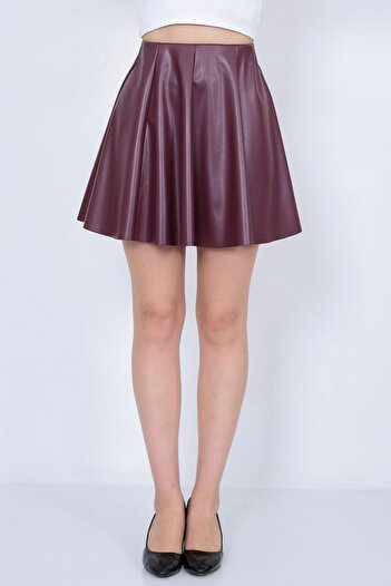 WAYS Women's Burgundy Faux Leather 8 Piece Mini Flared Skirt Faux Leather