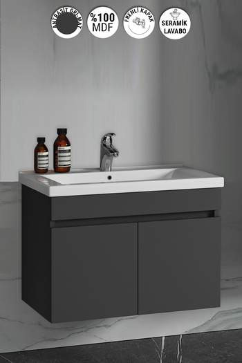 ÖZCEDEN Çiğdem 80 Cm Antrasit Gri Mat MDF Seramik Lavabolu Asma Banyo Alt Dolabı
