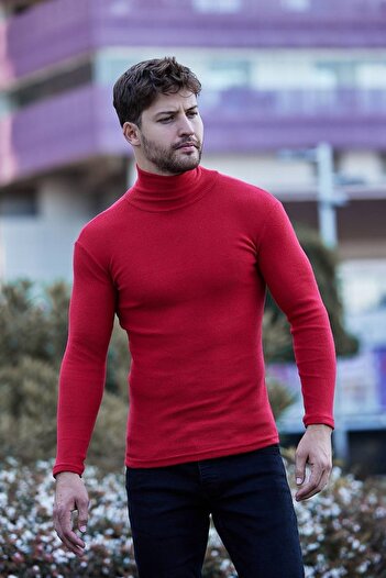 Buteks Unisex Premium Thick Red Raised Slim Fit Turtleneck Turtleneck Sweater