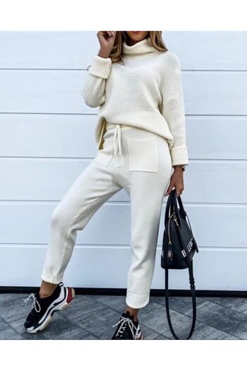 JANES Women's Long Sleeve Turtleneck Knitwear Sweater Double Leg Pocket and Lace Detailed Knitwear Pants