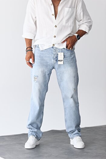 MADZEYMODA Baggy Erkek Yırtık Detaylı Buz Mavi Jean Kot Pantolon