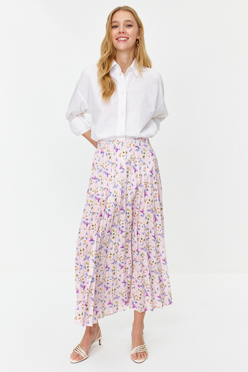Trendyol Modest Powder Pink Floral Patterned Pleated Woven Skirt with Elastic Waist - TCTSS23EE00018