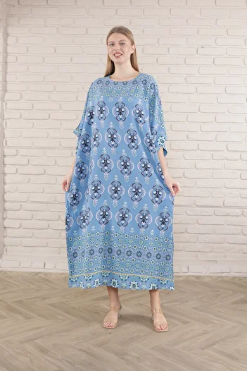mervemoda Γυναικείο μακρύ φόρεμα από υφαντό βισκόζη με μπλε στάμπα