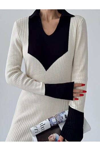 Lusin Women's Long Sleeve Midi Knitwear Dress with Collar and Sleeve Detail - White