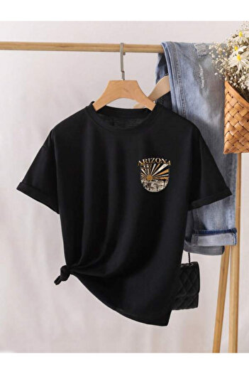 trendgar Arizona Printed Black Oversize Unisex T-Shirt