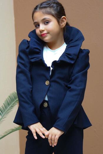 Riccotarz Girl's Frilly Collar Flared Jacket, Navy Blue Bottom and Top Set