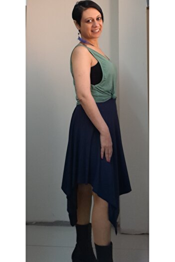 Mertcan Butik Navy blue elastic waist asymmetric cut combed cotton Viscose Skirt